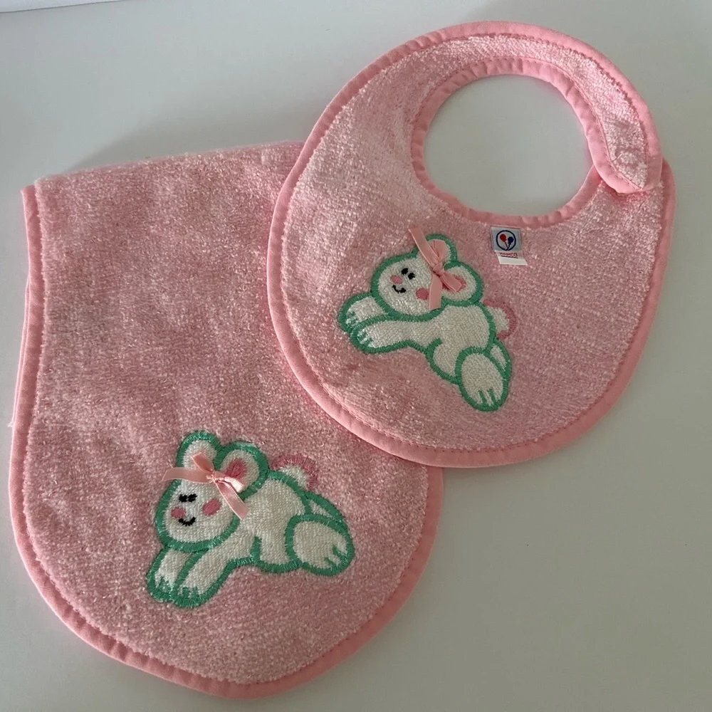 🦋 5/$25 - Hamco Baby Bib and Burp Cloth Set Embroidered Bunny Vintage 90’s